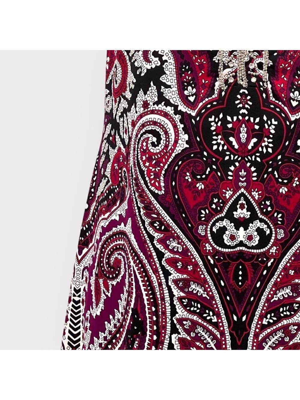 INC Womens Jewel Neck Mini Shift Dress with Bling sz M Black Burgundy Paisley - Picture 3 of 7